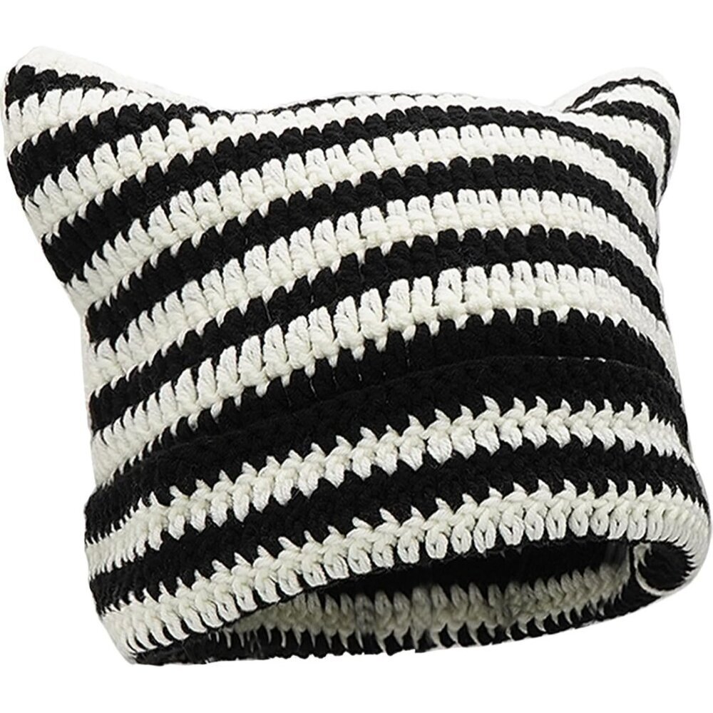 Crochet Cat Ear Beanie Womens Winter Knit Slouchy Hat Gift - Picture 1 of 7
